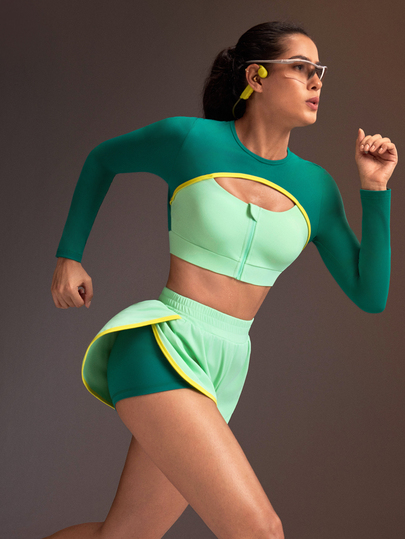 Powerista Women's 2 Pieces Faux Layered Zipper Placket Cropped Long Sleeve Top And Shorts Sports Set Running Set Gym Fitness Workout Green Sport Bra Training