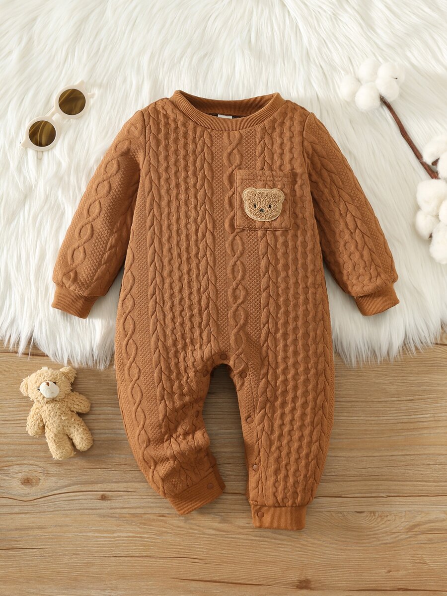 SHEIN Baby Boy Autumn/Winter Brown Cartoon Bear Patch Crew Neck Long Sleeve Romper Pants, Versatile Comfortable, Suitable For Holiday, Christmas, Halloween, Outings - Khaki - View 1