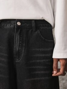 ROMWE MEN Street Life Vintage Retro Washed Denim Fashion Cat Whisker Heavy Embroidery Versatile Jeans - Black - View 7