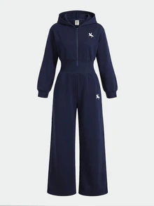 Áo khoác hoodie kéo khóa in chữ màu trơn phong cách tối giản cạp cao cho bé gái tween, thu đông - Màu xanh hải quân - Xem 7