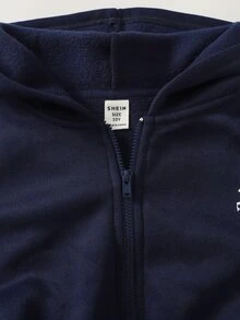 Áo khoác hoodie kéo khóa in chữ màu trơn phong cách tối giản cạp cao cho bé gái tween, thu đông - Màu xanh hải quân - Xem 5