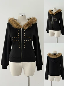 Sunspun Plus Size Women's Fashion Fur Collar Fitted Zip-Up Hooded Sweatshirt With Cross Winter - Black - View 3