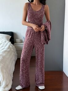 DAZY Women's Tie-Dye Long Sleeve Robe, Round Neck Tank Top And Pants Casual Pajama Set - Burgundy - View 7