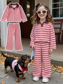 SHEIN Elladie kids 女童條紋長袖 Polo 衫與寬腿褲 2 件套，美式復古女童休閒套裝，適合上學、度假與日常出行 - 粉色 - 查看 1