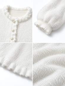 SHEIN Women's Autumn/Winter Knitted Set, Solid Color Ruffle Trim Vintage Elegant French Style Cardigan And Skirt 2 Pieces Outfit - White - View 4