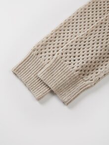 SHEIN Women Crew Neck Raglan Sleeve Knit Pullover, Hollow Out Mesh Knit Sleeve Solid Long Sleeve Slim‑Fit - Camel - View 3