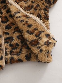 SHEIN Genkimix Kids 女童秋冬休閒時尚豹紋抓絨拉鍊連帽外套開襟衫 - 棕色 - 查看 5