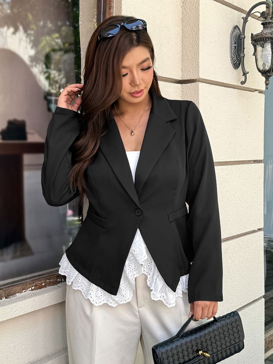 Easura Plus Size Vintage French Lace Patchwork Button Blazer - Black - View 1