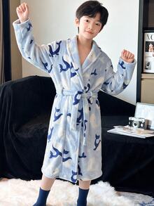 Kids Tween Boy Dolphin & Whale Pattern Thermal Lined Thick Long Sleeve Tie-Up Lapel Plush Robe, Bathrobe Cover-Up, Suitable For Indoor And Outdoor Use In Autumn/Winter - Baby Blue - View 2