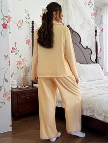 CottageSlumber Yellow Striped Women's Summer Sweet Lace Embroidery New Long Sleeve Long Pants Loungewear Set Plus Size - Yellow - View 2