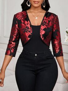Fleurora 女款優雅提花輕便夾克，適合辦公與通勤 - 紅色 - 查看 4