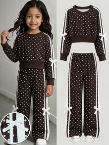 Elladie kids 女童 4-8歲 2件式波點印花抓絨套裝，棕色保暖衛衣與寬腿褲，蝴蝶結設計，秋冬新款，適合日常、上學、派對與外出 - 棕色 - 查看 4