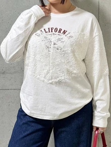 Dazy Plus Contrast Lace Design 2 In 1 Letter Print Loose Fit Korean Style White T-Shirt - White - View 5