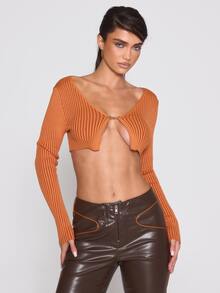 MUSERA Ribbed V Plunge Open Bar Trim Fastening Long Sleeve Super Cropped Knit Top Autumn Winter Fall Halloween Sexy Everyday Roadside Renegade - Orange - View 1