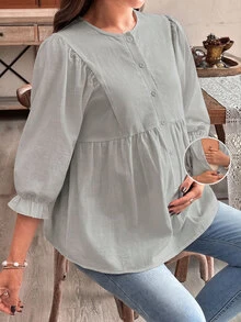 SHEIN 孕婦休閒鈕扣式百褶襯衫，適合度假與旅行 - 淺灰色 - 查看 4