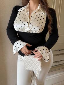 Dazy Plus Black Fitted Long Sleeve T-Shirt With Collar, Patchwork Polka Dot Print, 2 In 1 Design And Flared Cuffs - Black - View 6