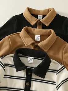 SHEIN 男嬰秋冬棕色與黑色條紋柔軟圓領長袖套頭上衣 3件套，百搭舒適，適合假期聖誕節 - 彩色 - 查看 4