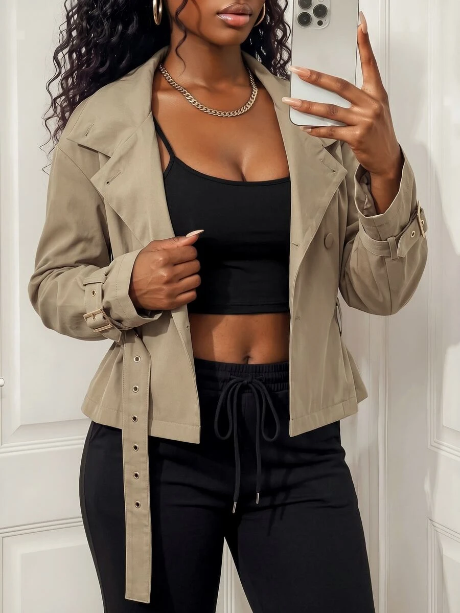 BamGleam Women's Solid Color Long Sleeve Single-Breasted Casual Trench Coat Jacket - Khaki - View 1