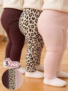 SHEIN Playful Pals 3件組幼兒女嬰羅紋緊身褲襪 可愛甜美 粉色酒紅米色 波點豹紋印花 生日派對 秋季萬聖節假期 修身款 - 彩色 - 查看 1