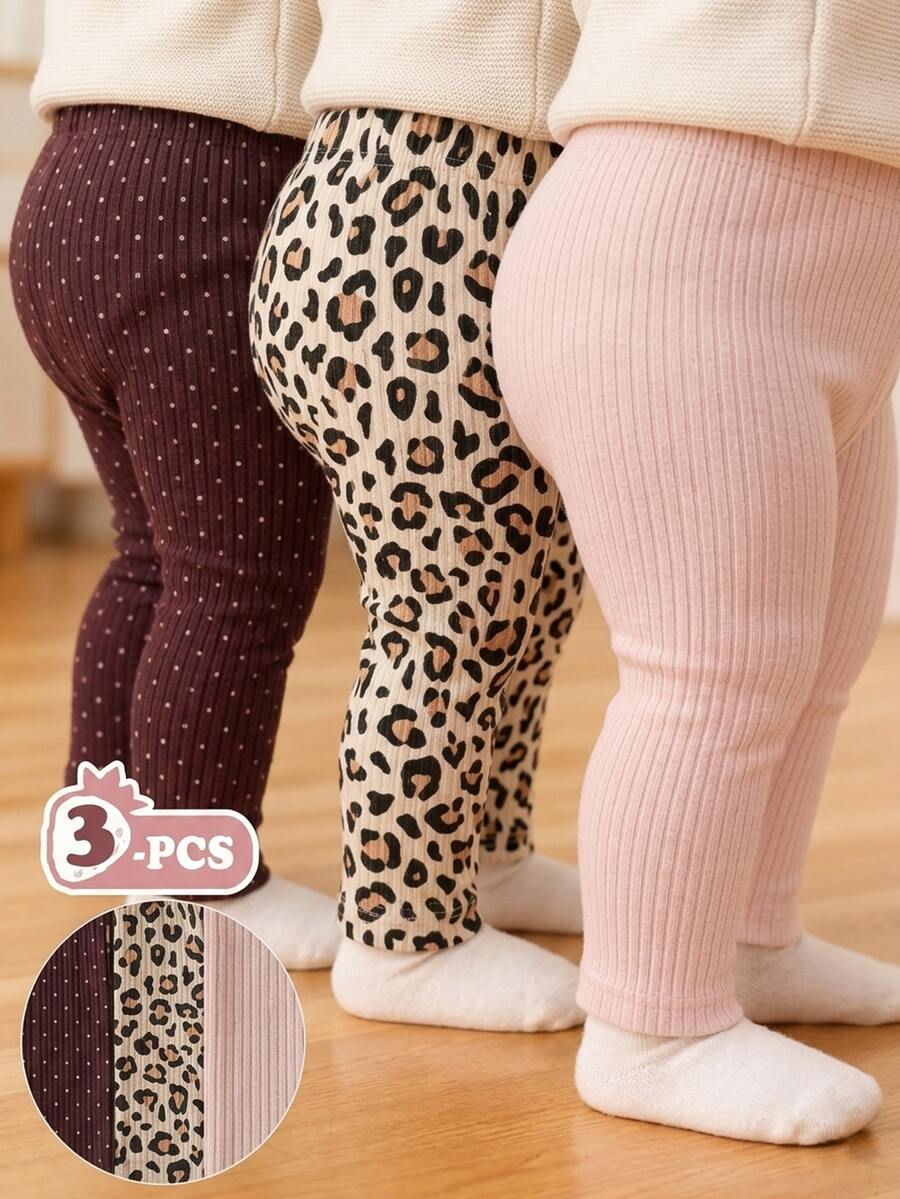 SHEIN Playful Pals 3件組幼兒女嬰羅紋緊身褲襪 可愛甜美 粉色酒紅米色 波點豹紋印花 生日派對 秋季萬聖節假期 修身款 - 彩色 - 查看 1
