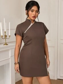 EastFlair Plus Size Women's Short Sleeve Contrast Mesh Fitted Dress - Brown - View 2