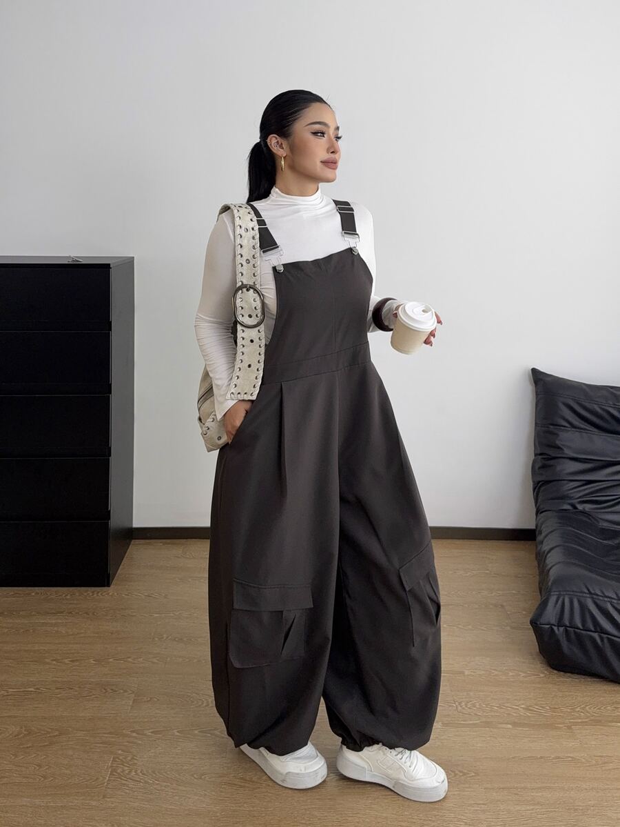 POPSWAY Plus Size Women's Casual Commute Minimalist Utility Woven Grey Jumpsuit - Grey - View 1