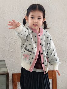 DAZY Infant (Girl) Round Neck Polka Dot Autumn/Winter Long Sleeve Cardigan - Apricot - View 8
