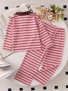 SHEIN Elladie kids 女童條紋長袖 Polo 衫與寬腿褲 2 件套，美式復古女童休閒套裝，適合上學、度假與日常出行 - 粉色 - 查看 2