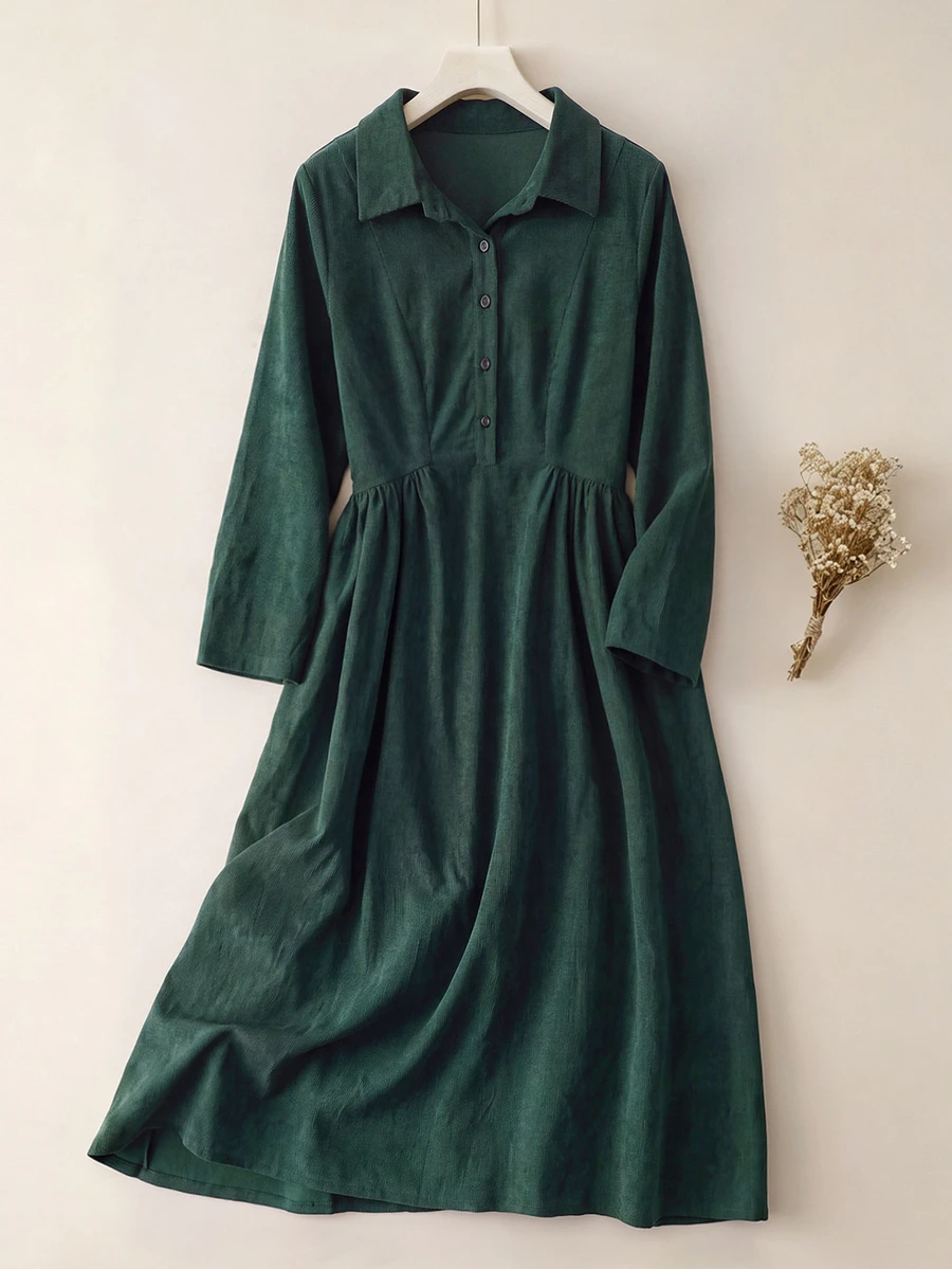 Rusticease Women's Solid Color Pleated Casual Party Midi Dress - Green - View 1