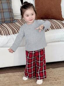 Dazy Kids 嬰兒女童休閒圓領T恤與格紋休閒長褲2件套居家服 - 灰色 - 查看 6
