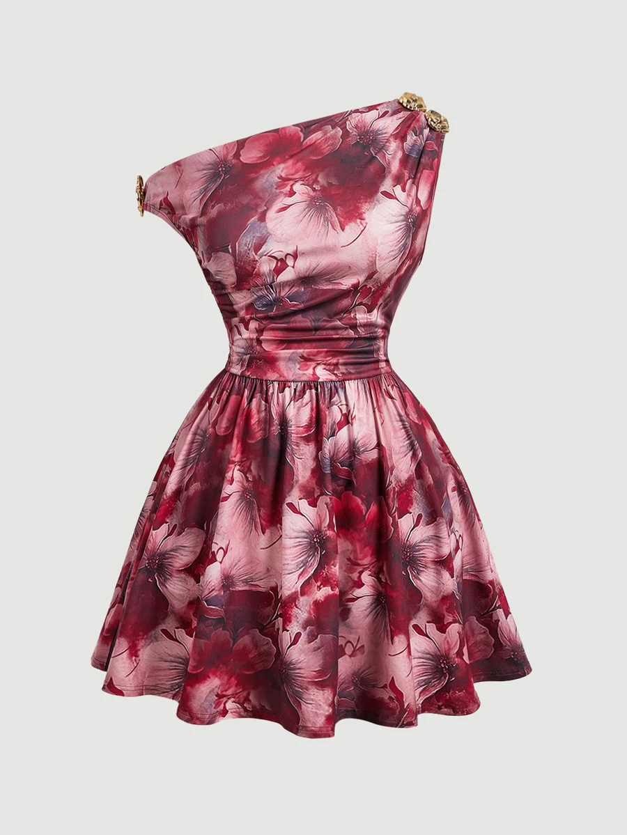 SHEIN MOD Plus Size Casual Floral Print Asymmetric Neckline Waist-Cinching Dress - Multicolor - View 1