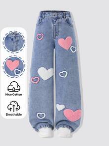 SHEIN Genkimix Kids 少女心形圖案口袋直筒休閒日常穿著牛仔褲 - 淺色水洗藍 - 查看 4