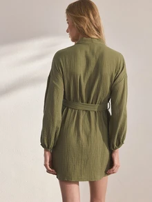 Ocili Leisure Pure Cotton Double-Layer Crepe Minimalist Comfortable Neutral Soft Long Sleeve Robe Sleepwear Women's Loungewear - Dark Green - View 5