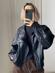 DAZY Women's Solid Color PU Leather Casual Versatile Daily Outerwear Winter - Black - View 6