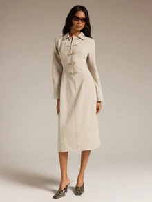 COSMINA Denim Women's Casual Elegant Commute Frog Button Blue Denim Dress - Khaki - View 5