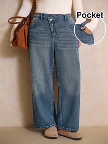 SHEIN MOD Celana Jeans Denim Kasual Sehari-hari Wanita Ukuran Besar dengan Saku dan Kancing - Medium Wash - View 2