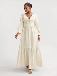 Travachic Elegant Lace Long Sleeve Dress - Apricot - View 3