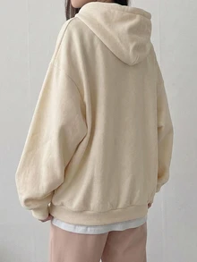 DAZY Women's Letter Print Drop Shoulder Long Sleeve Pocket Drawstring Hooded Regular Fit Sweatshirt - Apricot - View 6