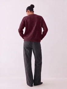 YARNWELL Women's Street Vintage Ribbed Patchwork Long Sleeve Sweater - Burgundy - View 2