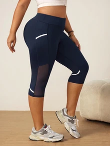 Slayform Women's Plus Size High Waist Contrast Mesh 7/8 Length Sports Leggings - Navy Blue - View 4