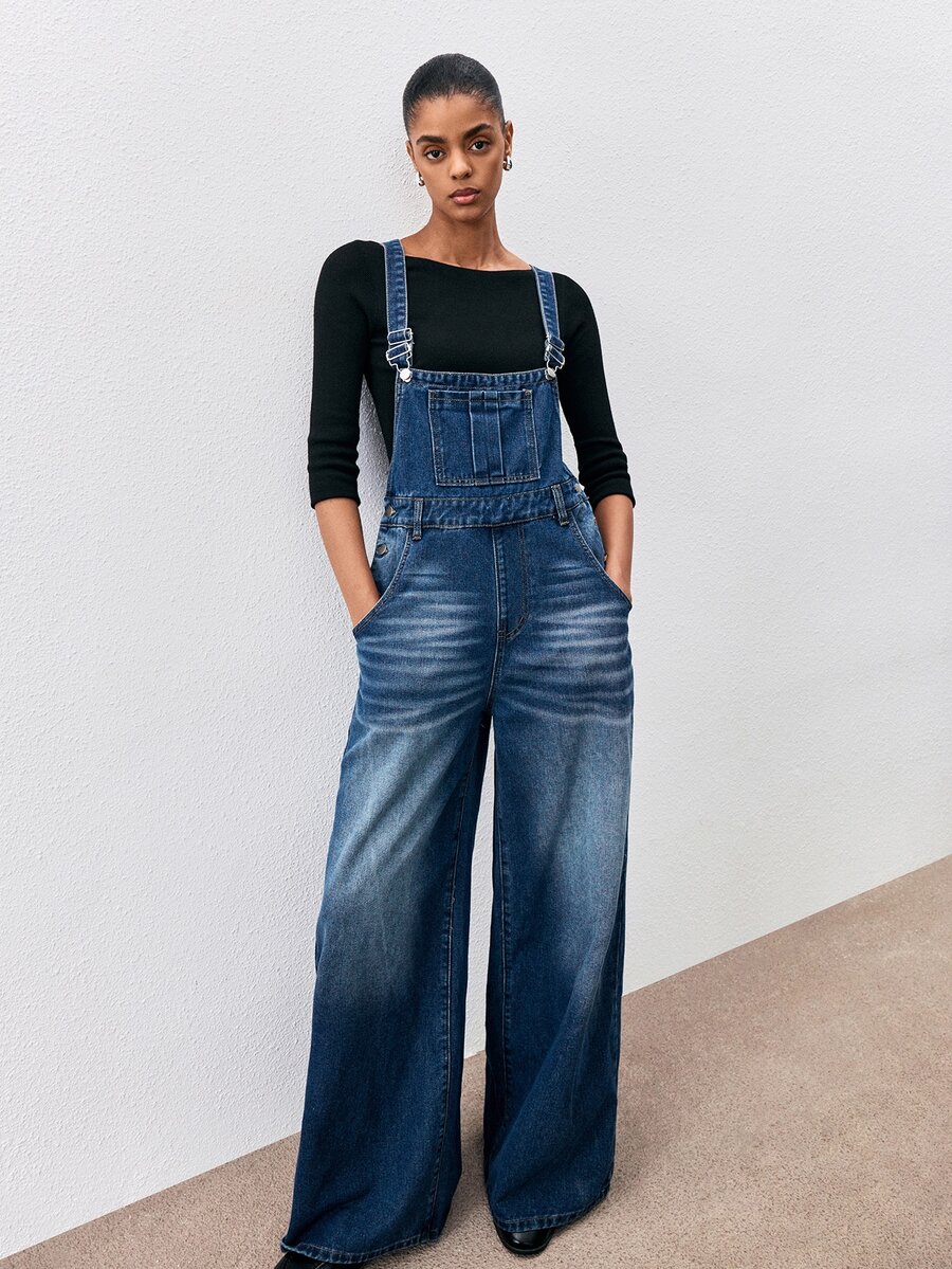 ATUI Studio Women's Loose Wide Leg Casual Versatile Denim Overalls With Pockets - Medium Wash - View 1