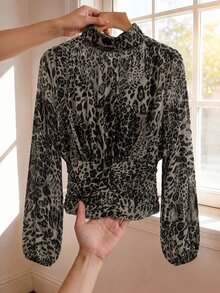 SHEIN Clasi 女款豹紋高領長袖收腰時尚襯衫 - 灰色 - 查看 1