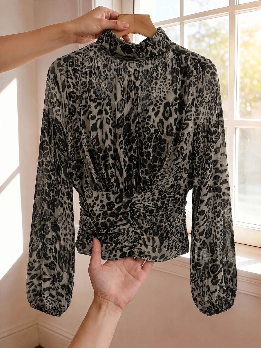 SHEIN Clasi 女款豹紋高領長袖收腰時尚襯衫 - 灰色 - 查看 1