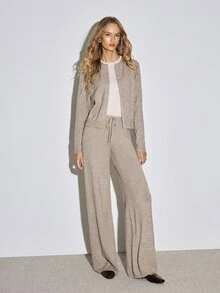 ATUI Studio Slouchy Mixed Yarn Knit Set Women Round Neck Button Cardigan Jacket High Waist Draped Wide Leg Pants 2pcs Set Autumn/Winter Home/Outdoor - Khaki - View 2