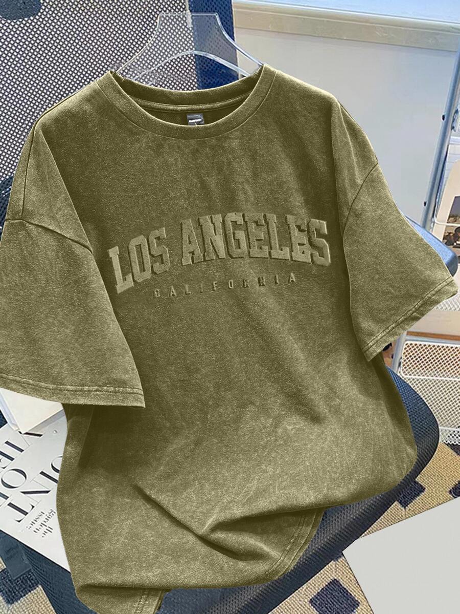 Manfinity Joysei Army Green Men's Plus Size Snowflake Letter Embossed Short Sleeve T-Shirt - Army Green - View 1