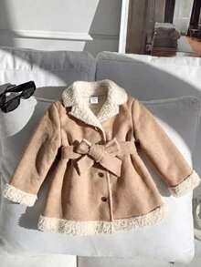 SHEIN Kids Kids Autumn/Winter Cute Casual Versatile Khaki Thermal Lined Jacket - Khaki - View 4