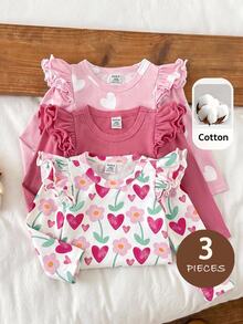 SHEIN 3pcs -Pack Atasan Lengan Panjang Motif Hati dengan Detail Ruffle untuk Bayi Perempuan - MultiWarna - View 3