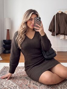 Vionelle Autumn/Winter Plus Size V-Neck Long Sleeve Knit Short Dress With Lace Patchwork And Tie Back, Fitted Knit Dress - Brown - View 6