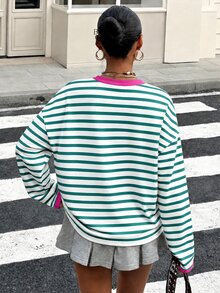 Muchica 休閒極簡圓領長袖寬鬆T恤，適合夏季 - 綠色 - 查看 2