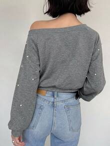 FRIFUL Sweatshirt Longgar Asimetris Model Korea Baru untuk Wanita, Dekorasi Manik-manik, Bahu Asimetris, Awal Musim Gugur - Grey - View 2